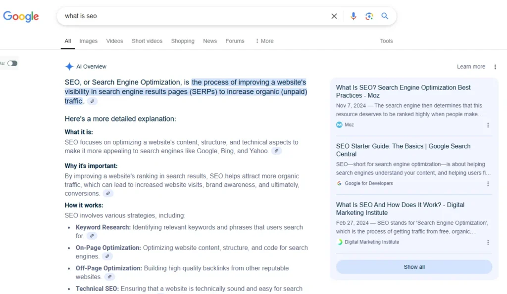 Exemple de l'IA google overview